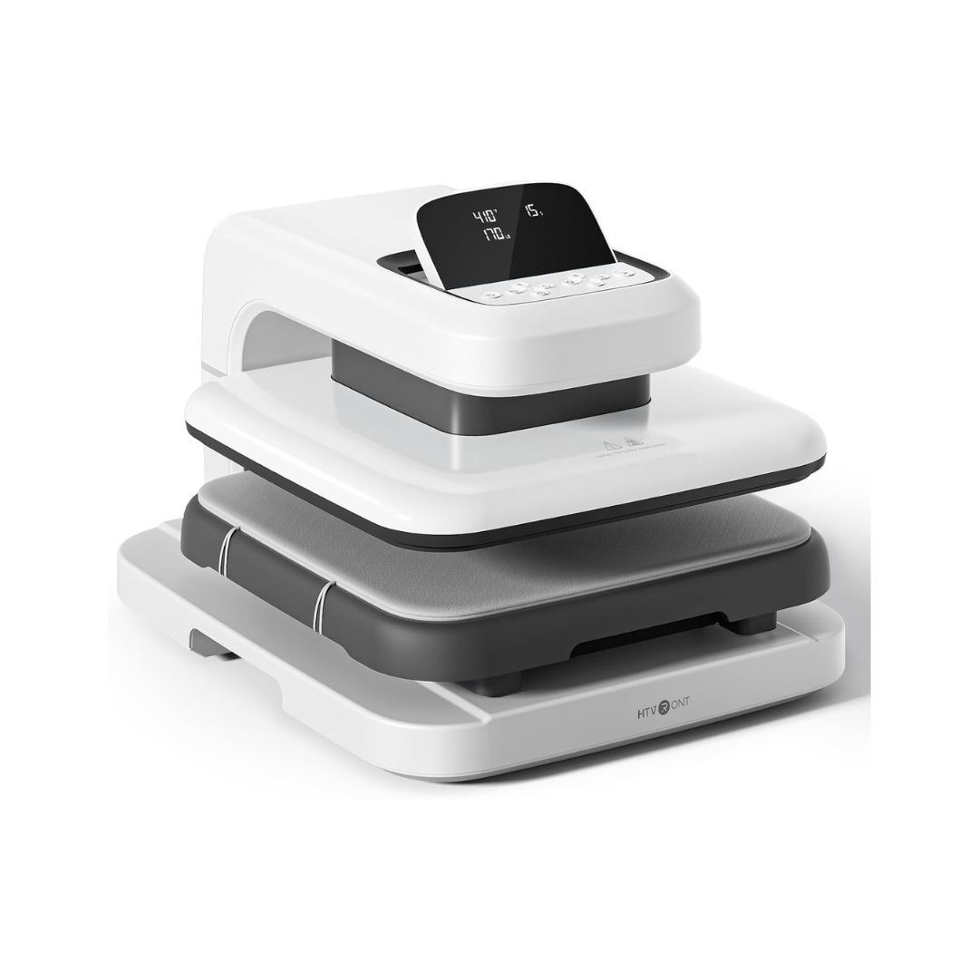 White and black heat press with digital display on a white background