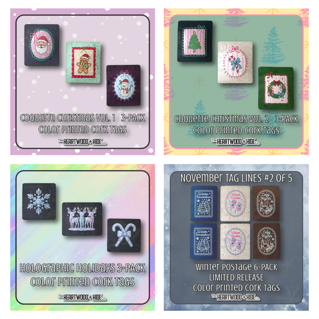 Four packages of color printed cork tags with various designs on a colorful background.