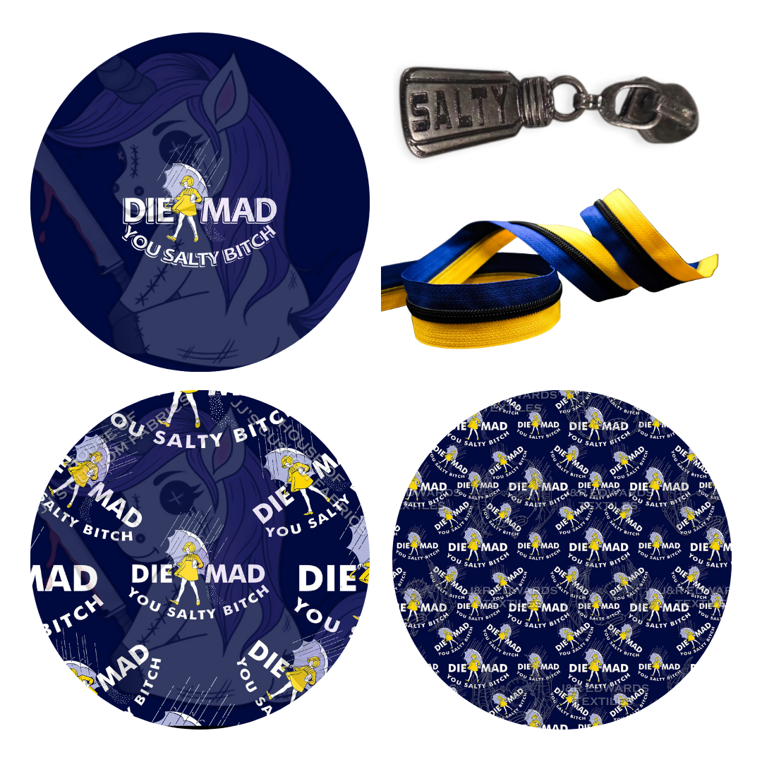Collection of 'Die Mad You Salty Bitch' items including a fabric panel, coordinating fabrics, zipper tape, and a zipper pull on a white background.