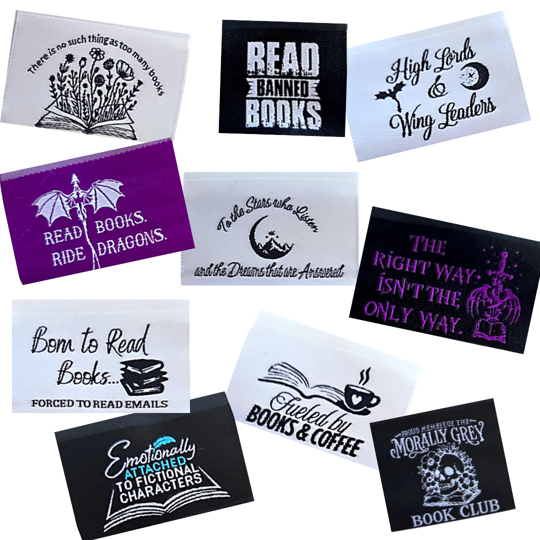 Set of book-themed woven fabric sew-in labels on a white background.