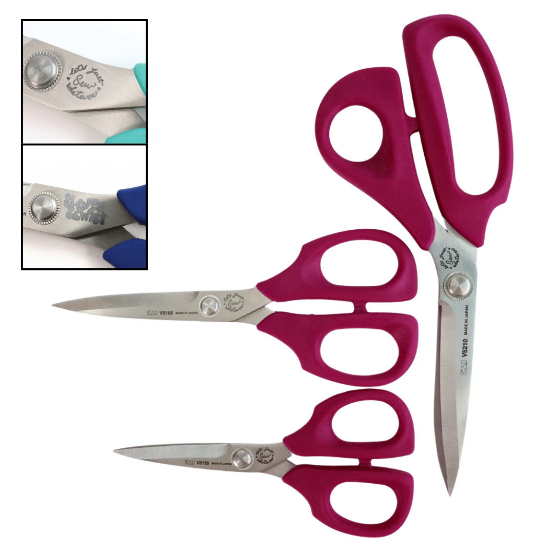 Set of red-handled scissors with close-up insets on a white background