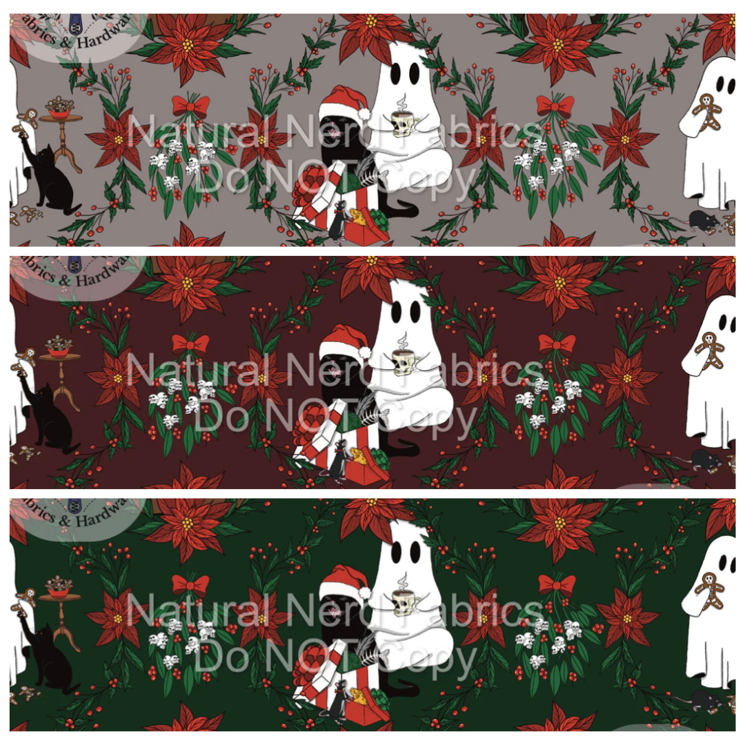 Three fabric swatches with Christmas-themed design featuring ghosts, poinsettias, black cats, and other elements.
