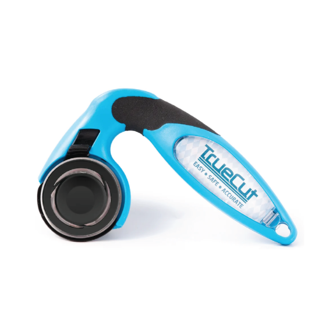 Blue and black rotary cutter with 'TrueCut' branding on a white background